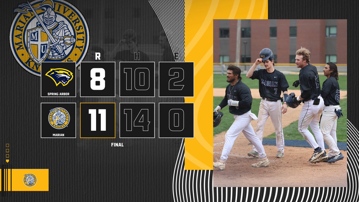 Marian Knights (@muknights) on Twitter photo BSB | FINAL | Marian 11-8 Spring Arbor
🧹🧹🧹🧹
Bust out the brooms, <a href="/MarianUBaseball/">Marian Baseball</a> has a four-game sweep over Spring Arbor, as they take the final game behind Seth Hogg's complete game!
Marian will look to keep it going when they host Grace next weekend! BSB | FINAL | Marian 11-8 Spring Arbor
🧹🧹🧹🧹
Bust out the brooms, <a href="/MarianUBaseball/">Marian Baseball</a> has a four-game sweep over Spring Arbor, as they take the final game behind Seth Hogg's complete game!
Marian will look to keep it going when they host Grace next weekend!