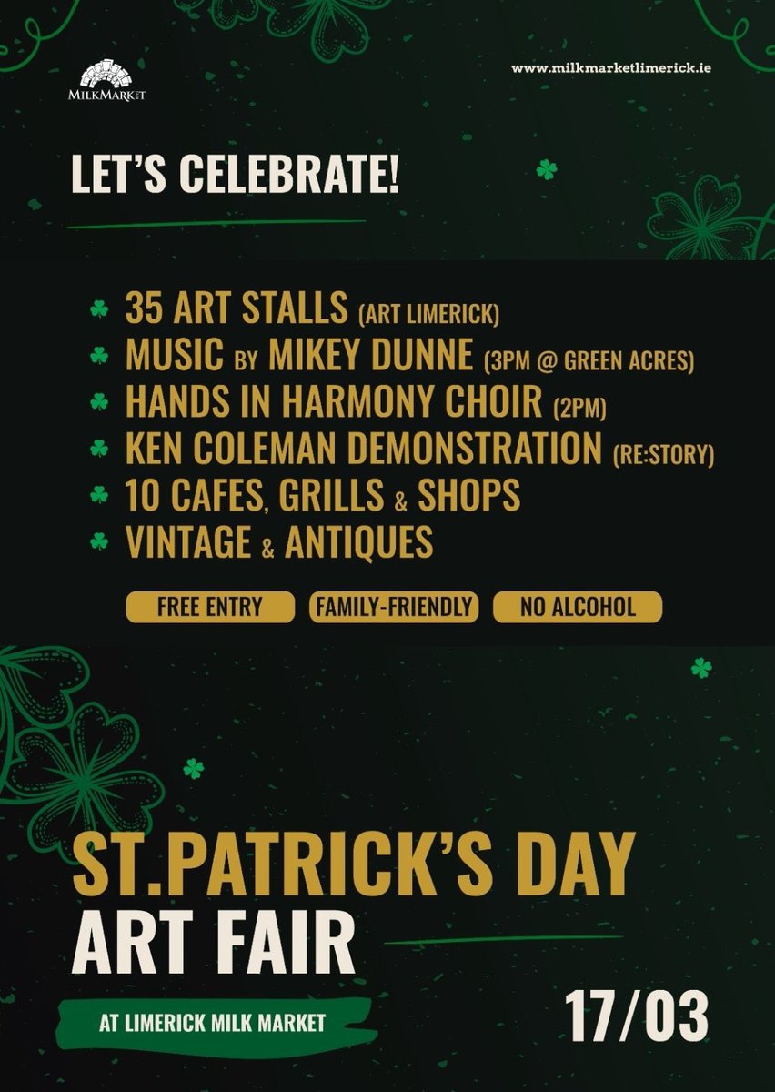 Come tomorrow to @milk_market for St Patrick's Art Fair open from 11am ☘️ 35 Artist Stalls ☘️ Live Music by Mickey Dunne 3pm ☘️ Hands in Harmony Choir 2pm ☘️ Ken Coleman Demonstration at ☘️ 10 Cafés, Grill and Shops ☘️ Vintage and Antiques ☘️ Free Entry, Family Friendly,