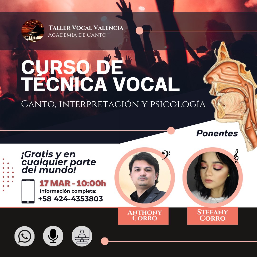 Este 17 de marzo 2024 el Curso de Técnica Vocal a cargo del Prof. Anthony Corro y la Psicóloga Stefany C.

Hablando sobre salud mental en cantantes y músicos afectados en el ejercicio de su profesión, aspectos técnico-vocales y más. Gratuito: +58 4244353803. #Venezuela