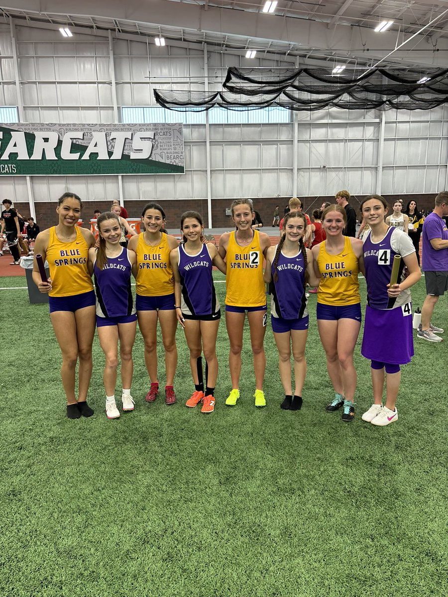GirlsSprings's tweet photo. It’s a good day for a DMR Relay! Paige, Ariana, Faith and Abbey grouped up to beat our outdoor school record by 10 seconds on a 300 indoor track! Our 2nd team also had a great day placing 4th! 💜💛 https://t.co/5DiWrwjotX
