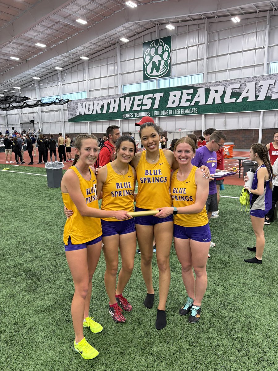 GirlsSprings's tweet photo. It’s a good day for a DMR Relay! Paige, Ariana, Faith and Abbey grouped up to beat our outdoor school record by 10 seconds on a 300 indoor track! Our 2nd team also had a great day placing 4th! 💜💛 https://t.co/5DiWrwjotX