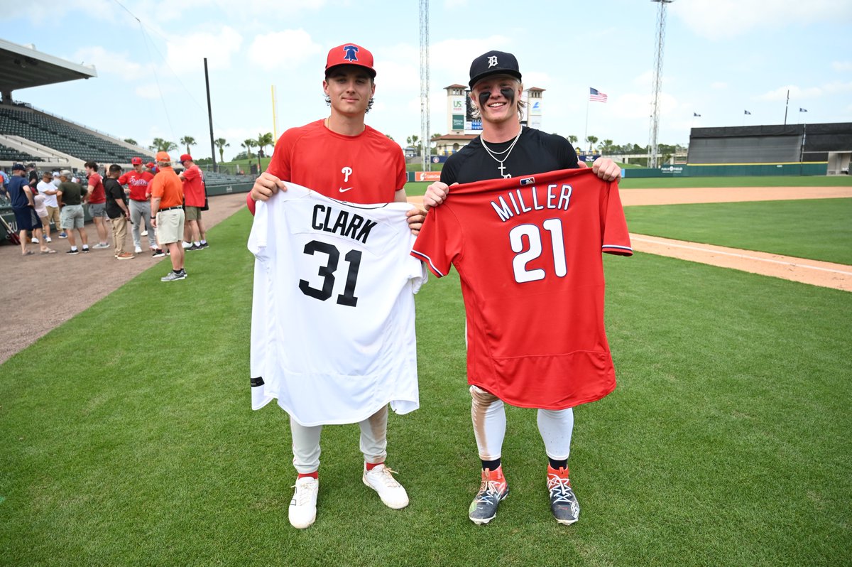 Then: @USABaseball teammates. Now: repping their teams at #SpringBreakout! Max Clark and Aidan Miller swap jerseys after today's @Tigers vs. @Phillies game.