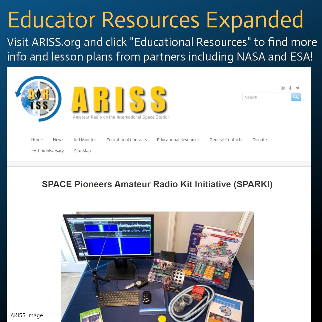 ARISS_Intl's tweet photo. Our ARISS Educators have been hard at work updating all the great educational info at https://t.co/lK6Sqbx1CN! Take a visit to see #HamRadio related materials & find links to partner info.  That includes @NASA, @ISS_CASIS. @ESA, @EstesRockets, and @arrl!

(Reposted to fix typo in graphic)