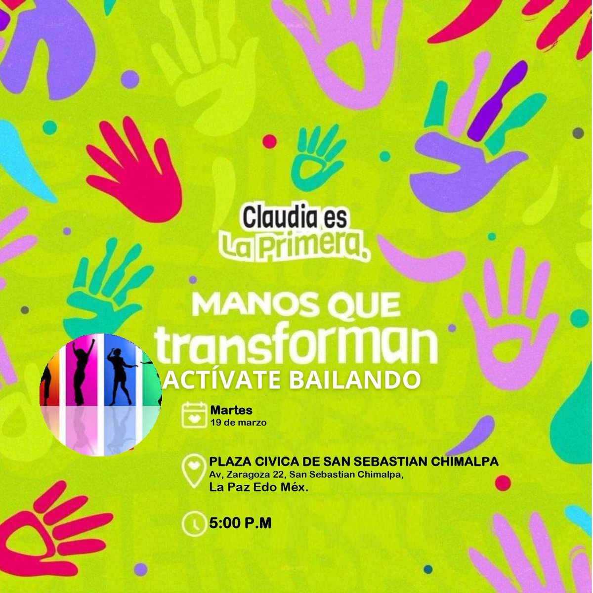 PorLaPrimeraEdo's tweet photo. ¡No te pierdas esta jornada de baile, Zumba y apoyo a la inclusión en nuestro municipio! 🎉 Marca tu mano #manosquetransforman en nuestra lona y únete a la Primer en distintas colonias este 19 de Marzo ¡Todos son bienvenidos!💃🤝 https://t.co/1Da0dVJrQD