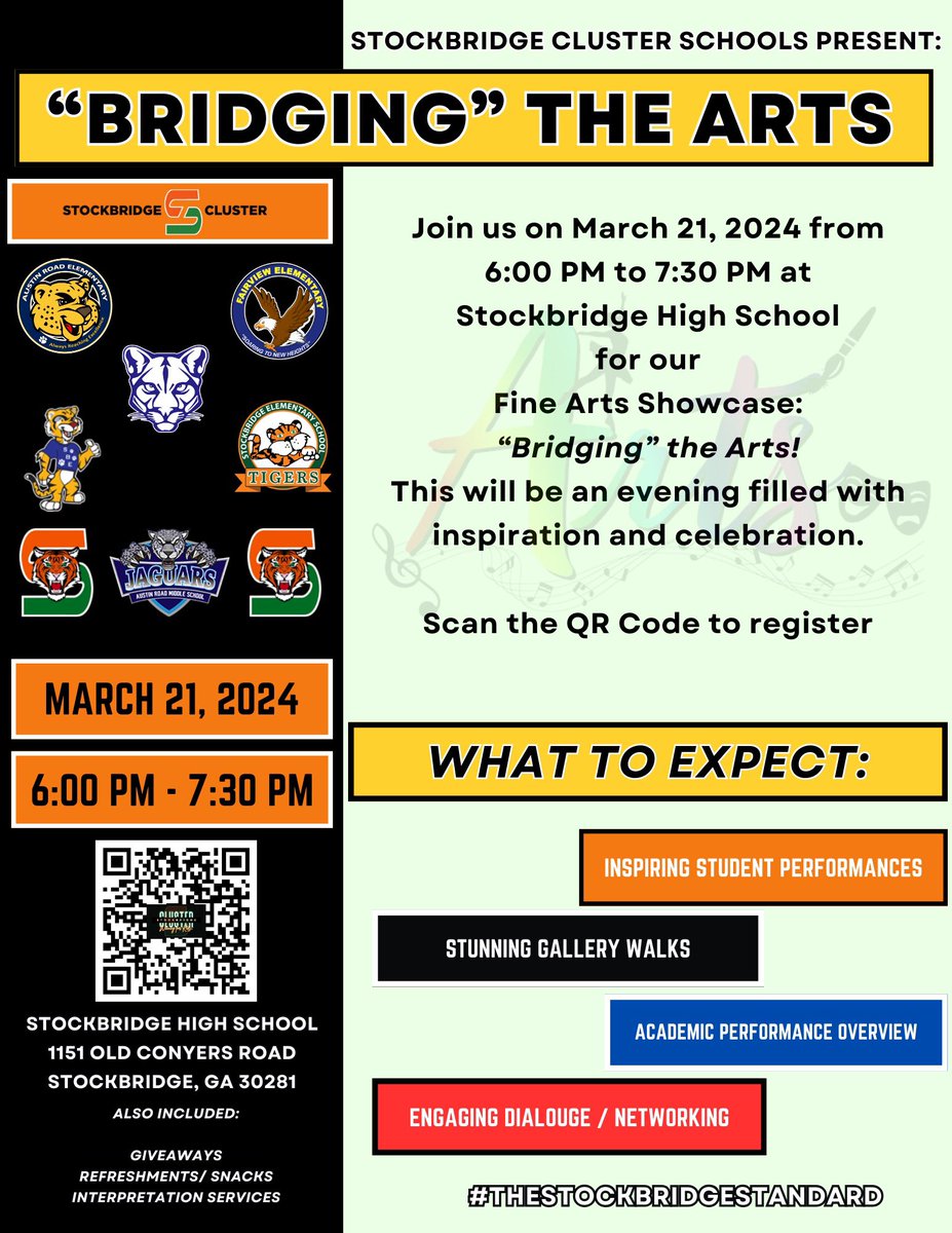 Join the Stockbridge Cluster on March 21, 2024 for a Fine Arts Showcase entitled “Bridging the Arts” @SES_HC @SES_Wellness @ArmsJags @SMS_HCS @SHS_HCS @CIE_HCS @SBE_HCS @ARES_HCS @Fairview_HCS @Crobept33 @austin_carla @MsSimmySims @FineArtsHCS