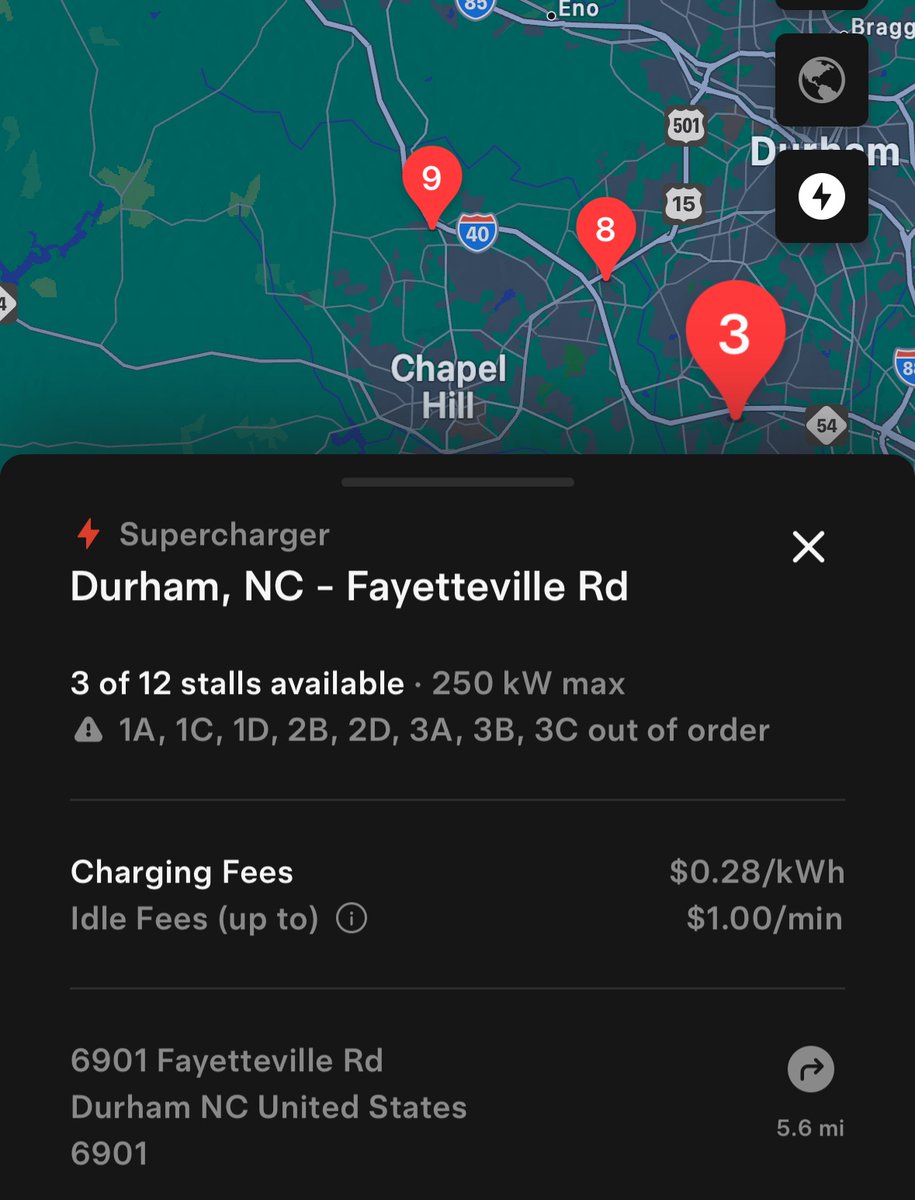 AskBenRoss's tweet photo. @TeslaCharging @TeslaCharging this brand new site shows 8 of 12 stalls out of order on the app. I was there maybe 10 min ago and multiple vehicles (including mine) were successfully charging on stalls the app said were down. Worth a check? https://t.co/Y3F6Ii2Rad