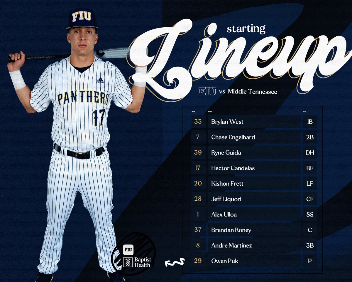 FIUBaseball's tweet photo. Our 𝐒𝐓𝐀𝐑𝐓𝐈𝐍𝐆 𝐋𝐈𝐍𝐄𝐔𝐏, presented by
@BaptistHealthSF https://t.co/MlifMu39Ib