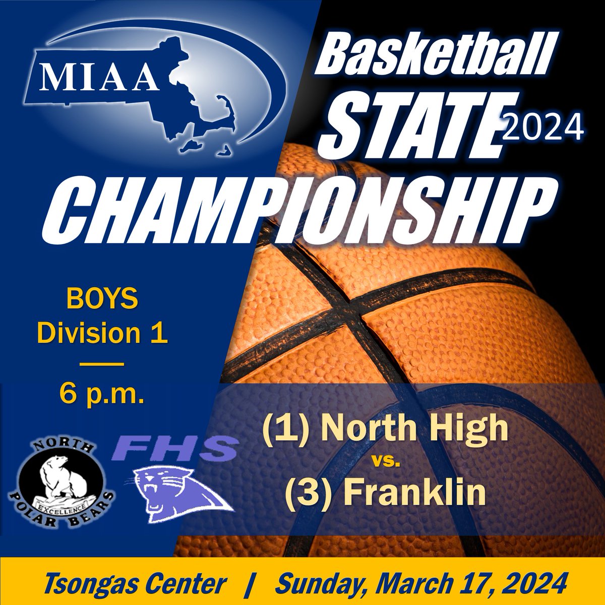 MIAA (@miaa033) on Twitter photo 🏀 STATE CHAMPIONSHIP GAME DAY 🏆
<a href="/northhighbball/">Worcester North High Boys Basketball</a> <a href="/FHSSports/">FranklinAthletics</a>
🎟️ Tickets: tsongascenter.evenue.net/events/MIAAB?_…
📹 Live stream: nfhsnetwork.com/events/miaa/ga…
👩👩👧👦Fan seating sections: North High (home): 116-120 ... Franklin (away): 104-108 📣
📖 Rosters/history: miaa.net/wp-content/upl… 🏀 STATE CHAMPIONSHIP GAME DAY 🏆
<a href="/northhighbball/">Worcester North High Boys Basketball</a> <a href="/FHSSports/">FranklinAthletics</a>
🎟️ Tickets: tsongascenter.evenue.net/events/MIAAB?_…
📹 Live stream: nfhsnetwork.com/events/miaa/ga…
👩👩👧👦Fan seating sections: North High (home): 116-120 ... Franklin (away): 104-108 📣
📖 Rosters/history: miaa.net/wp-content/upl…