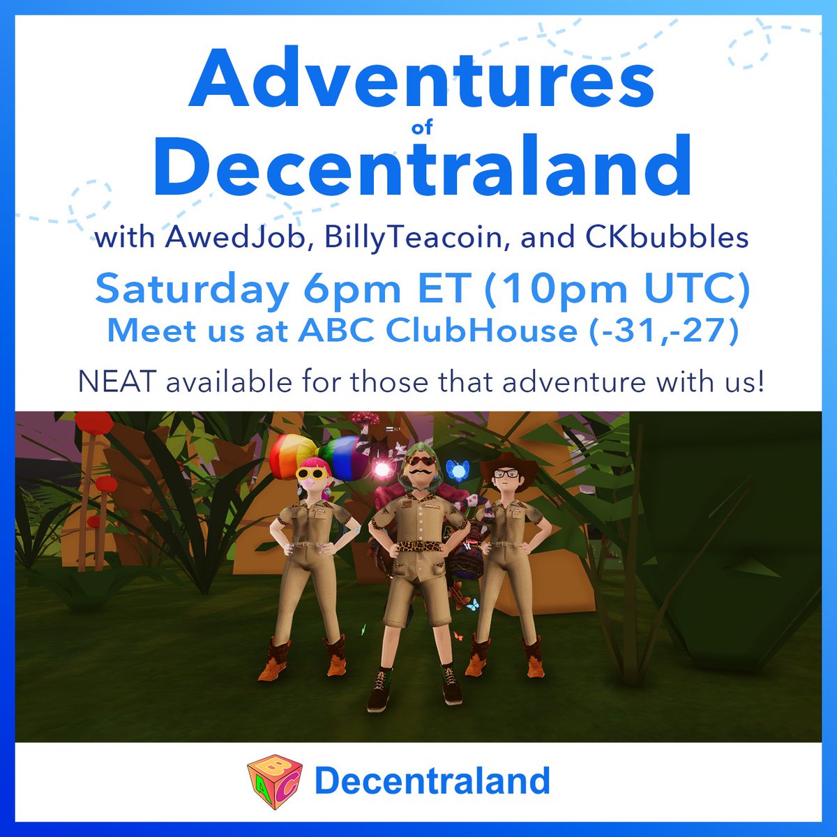 Adventures again today at 6PM ET (10PM UTC)! Week #95! Meet at ABC ClubHouse -31,-27 in #Decentraland Watch the stream: twitch.tv/billyteacoin Event page: events.decentraland.org/event/?id=5a75… Discord: discord.gg/Yx6TvhsxAk