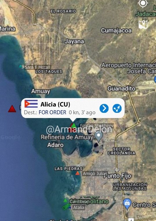 Tanquero Alicia de la dictadura comunista de #Cuba cargando gasolina, diesel, jet fuel... en el terminal de la refinería Amuay en #Venezuela, combustibles para la compañía militar Cubametales.

#16marzo #oilandgas