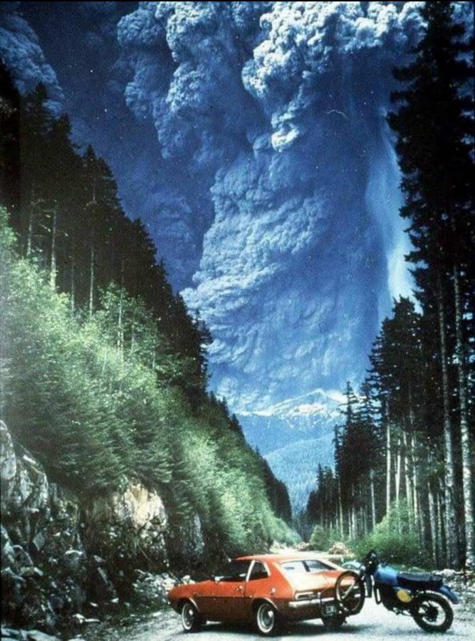 Mount St. Helens erupts in 1980. Steve Firth, a friend of the man who took this photo had the following to say: “...That Pinto and dirt bike belonged to a good friend of mine and when he stopped to turn around, he took this picture. He told me that there was…