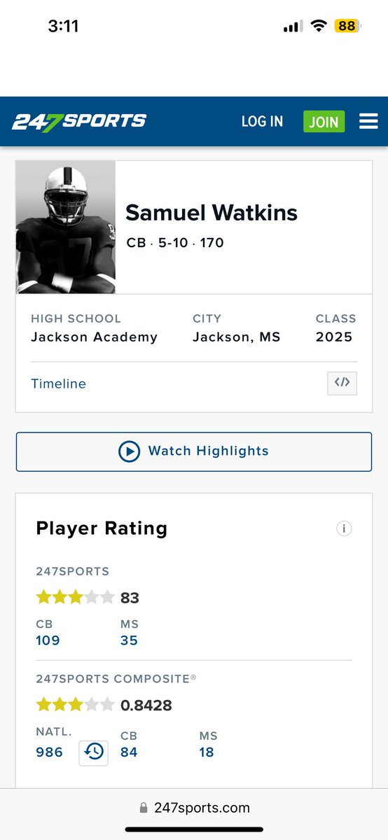 Samuel3Watkins's tweet photo. Blessed to be still ranked a 3⭐️ on @247Sports #AGTG @shayhodge3 @CoachT_Rob @wpg_coach_rip @LawrencHopkins @MCJags_Football https://t.co/mMqXwSVhwS