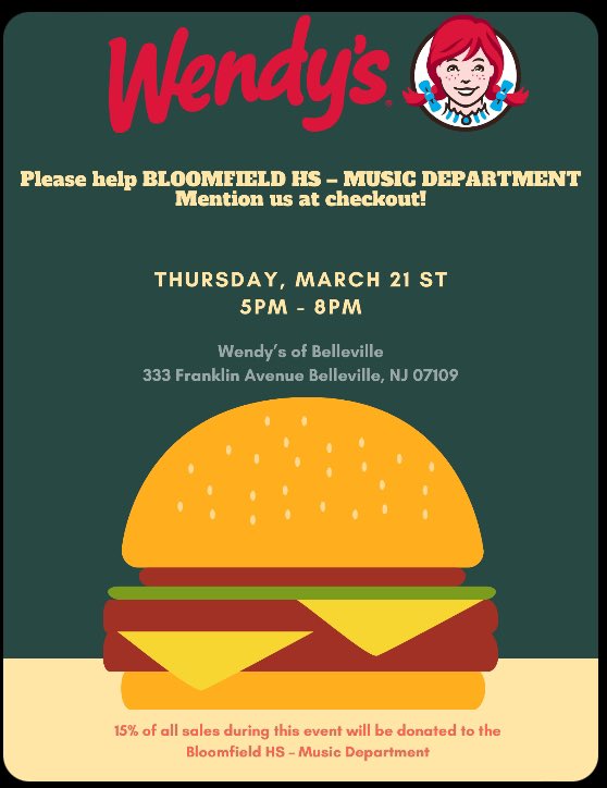 07003bhsband's tweet photo. Support the BHS Music Department this Thursday from 5-8pm at Wendy’s of Belleville! @07003BHS @07003schools https://t.co/LwQj3MCcNo