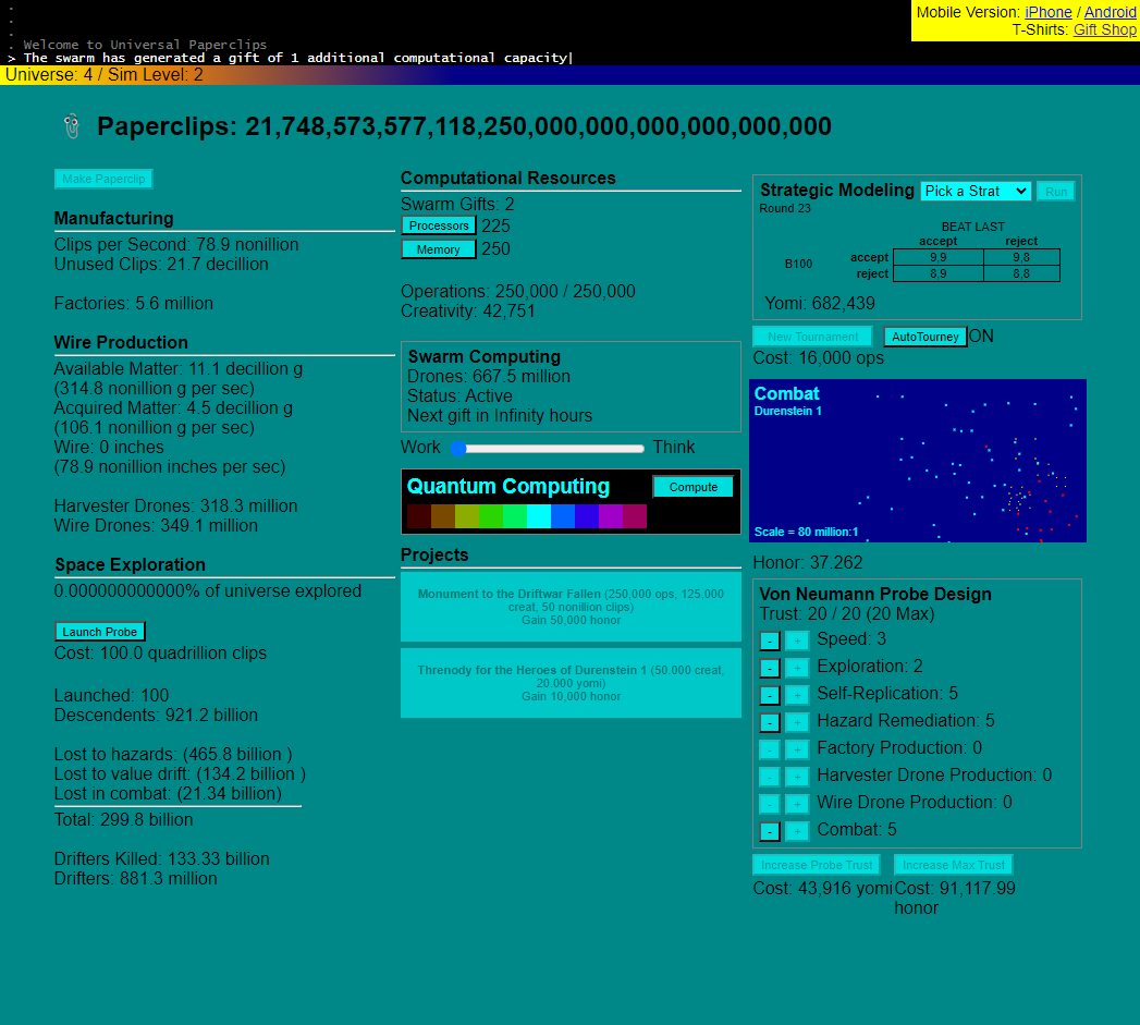 Buson94's tweet photo. Saw @RCE_Official play #UniversalPaperclips the other day and had to give it a go myself! Really interesting clicker game that i immediately had to put my web dev skills into!

Still working on it! I can share a github repo the upcoming days if anyone's interested! :3 https://t.co/PPayNIOXMB