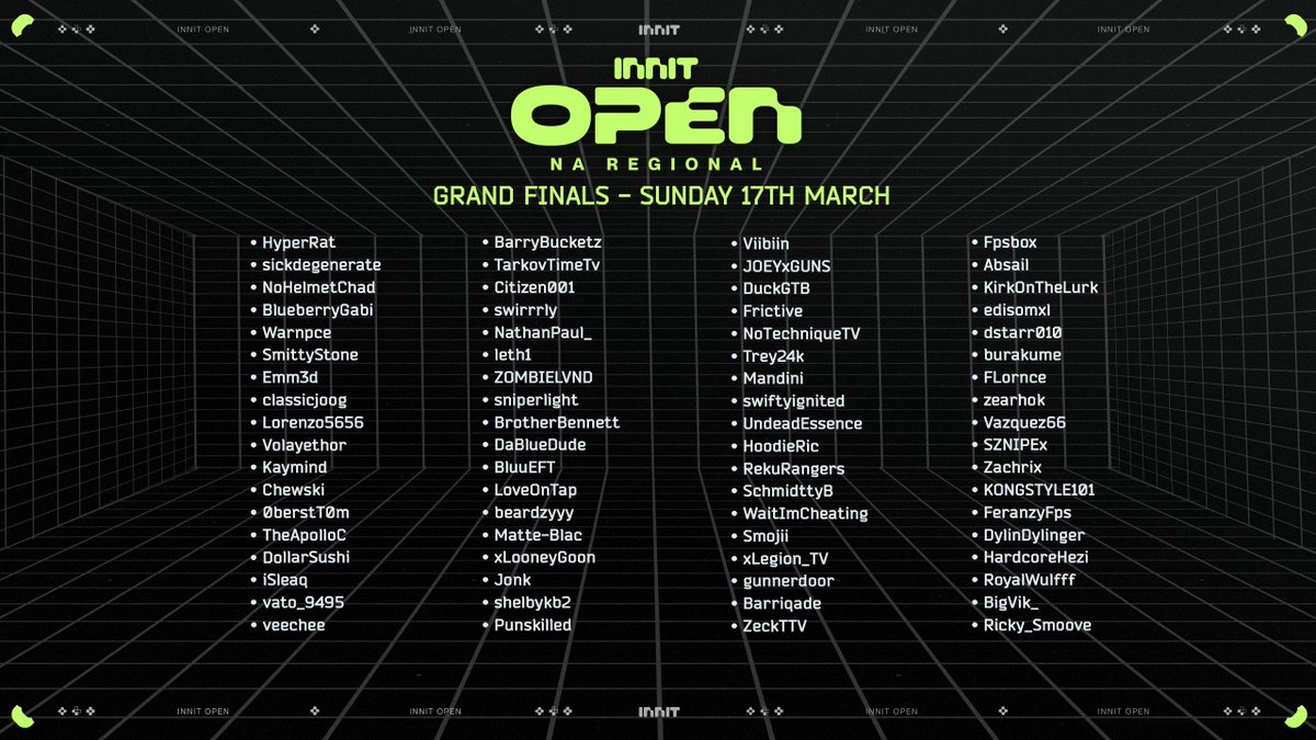 Congratulations to all our <a href="/InnitAudio/">Innit Audio</a> NA Open Series finalists!

See them play tomorrow for a slice of the $3,375 prize money!

#EscapefromTarkov
