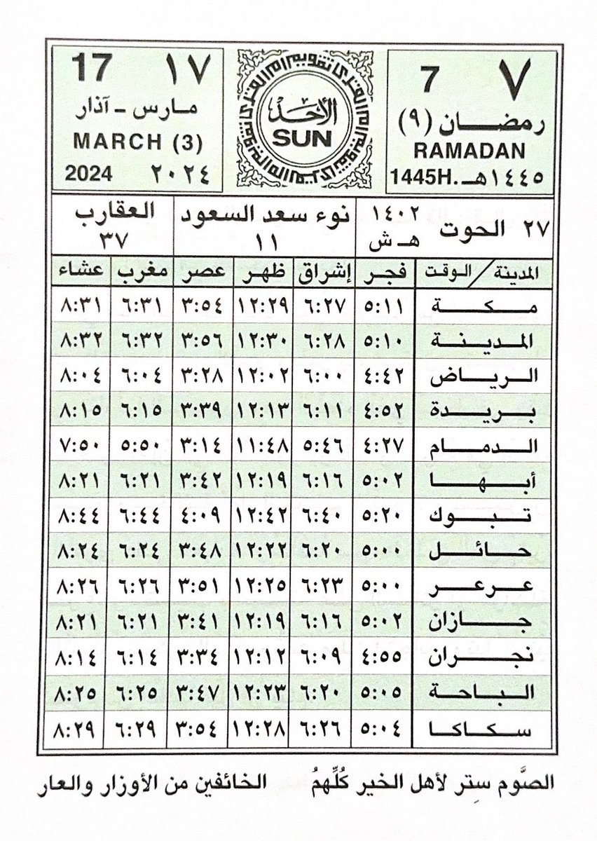 السلام عليكم ورحمة الله 🗓اليوم #الاحد 7 - 9 #رمضان - 1445🔺243 17 - 3 #مارس - 2024🔺77 . ⏱باقي على #الراتب 10 #التقاعد 8 #الدعم_السكني 7 #تقاعد_التأمينات 15 #حساب_المواطن 24 #الضمان 15 #حافز 18 #التأهيل 9 #ساند 15 #عيد_الفطر 24 .