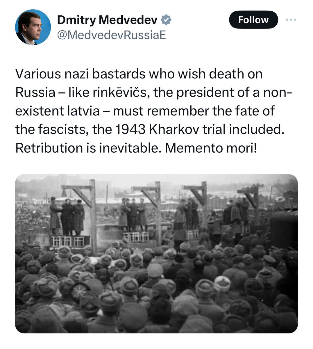 LMerritt1's tweet photo. This is the Russia that Speaker Mike Johnson and some Members of Congress want to give Ukraine as a present, all tied up in a deadly bloody bow. 

Putin and Medvede no longer fears America or NATO thanks to Trump and anti democratic Republicans. 

Russia is threatening Latvia. Medvede says Latvia does not have a right to exist and is setting it up for invasion like Putin did Ukraine. That Latvia is a sovereign county and has been a member of the EU and NATO since 2004 doesn't matter to Russia.

Why Latvia? Look it up on a map of Europe and you'll see why it's a bold strategic play. Latvia's population is  1.9m, of which 25% are of Russian decent. It abuts both Russia and Belarus and has direct access to the Baltic Sea, putting Russia right in reach of all of Western Europe!

I wouldn't expect Russia to do more than threaten at the moment and see the reaction. But once the election cycle is over the world will know where America stands. It may stand alone if democracy falls and autocracy wins. 

#VoteBlue2024ProtectDemocracy