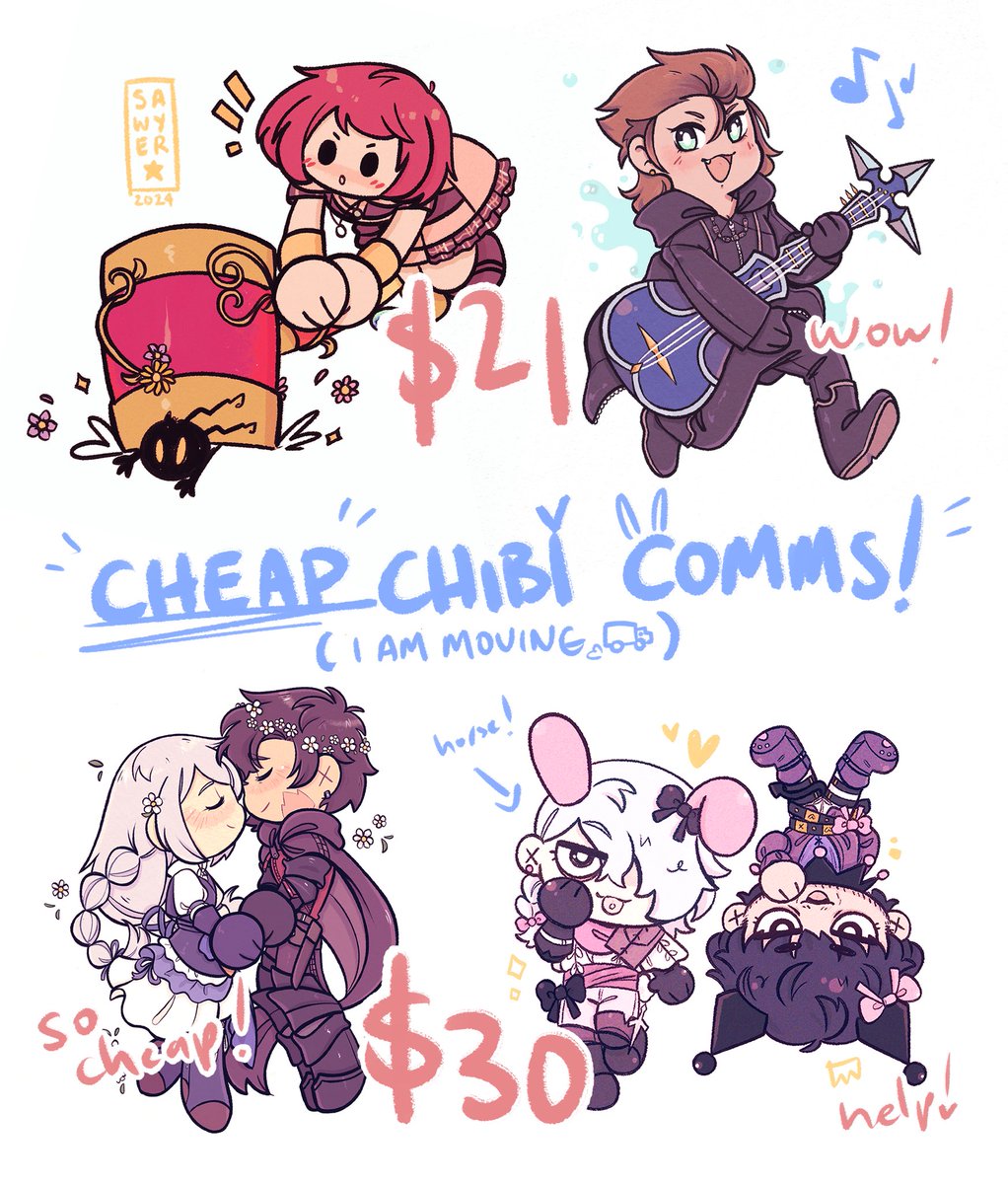 Reduced chibi comms to help cover moving costs 😭 $21 usd for a single and $30 for a couple, take paypal and kofi, plz dm if you’re interested or have any questions!!