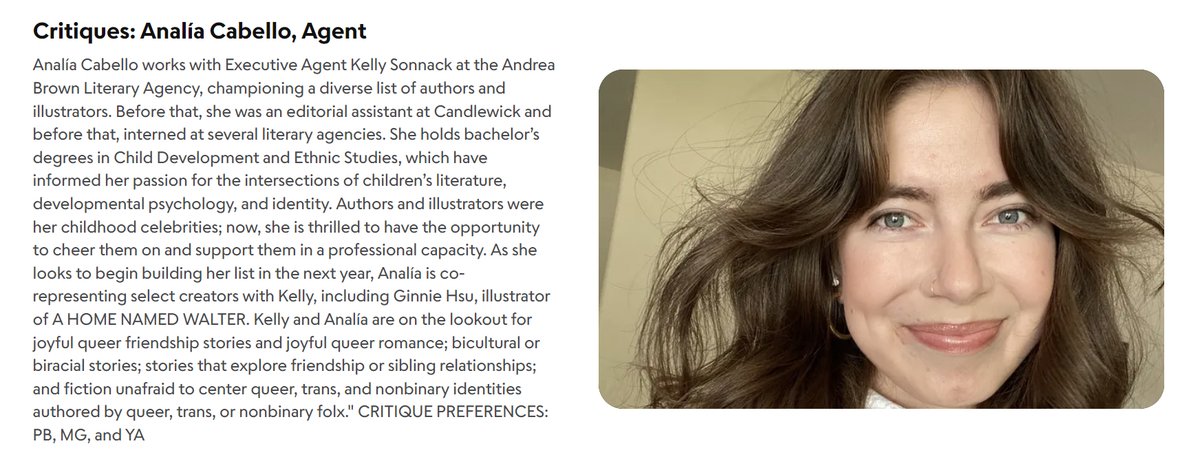 Analía Cabello, Agent at @AndreaBrownLit will be doing critiques at MayFest. Zoom Mtg May 4th - Learn more: scbwi.org/events/mayfest… #scbwi #childrensbooks #kidlit #kidlitart #picturebooks #writingtips #writingcommunity