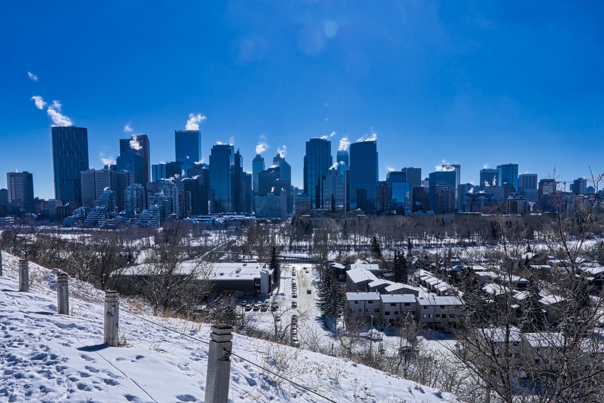 The Downtown Calgary skyline as seen from McHugh Bluff in the winter.  This is an HDR edit.  #calgary #alberta #downtowncalgary #skyline #mchughbluff #winter #winterphotos #snow #ice #hdr #hdredit #aurorahdr