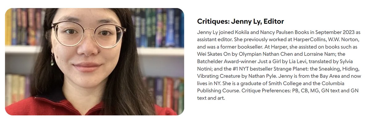 Jenny Ly, Assistant Editor at Kokila and Nancy Paulsen Books @penguinusa will be doing critiques at MayFest. Zoom Mtg May 4th - Learn more: scbwi.org/events/mayfest… #scbwi #childrensbooks #kidlit #kidlitart #picturebooks #writingtips #writingcommunity