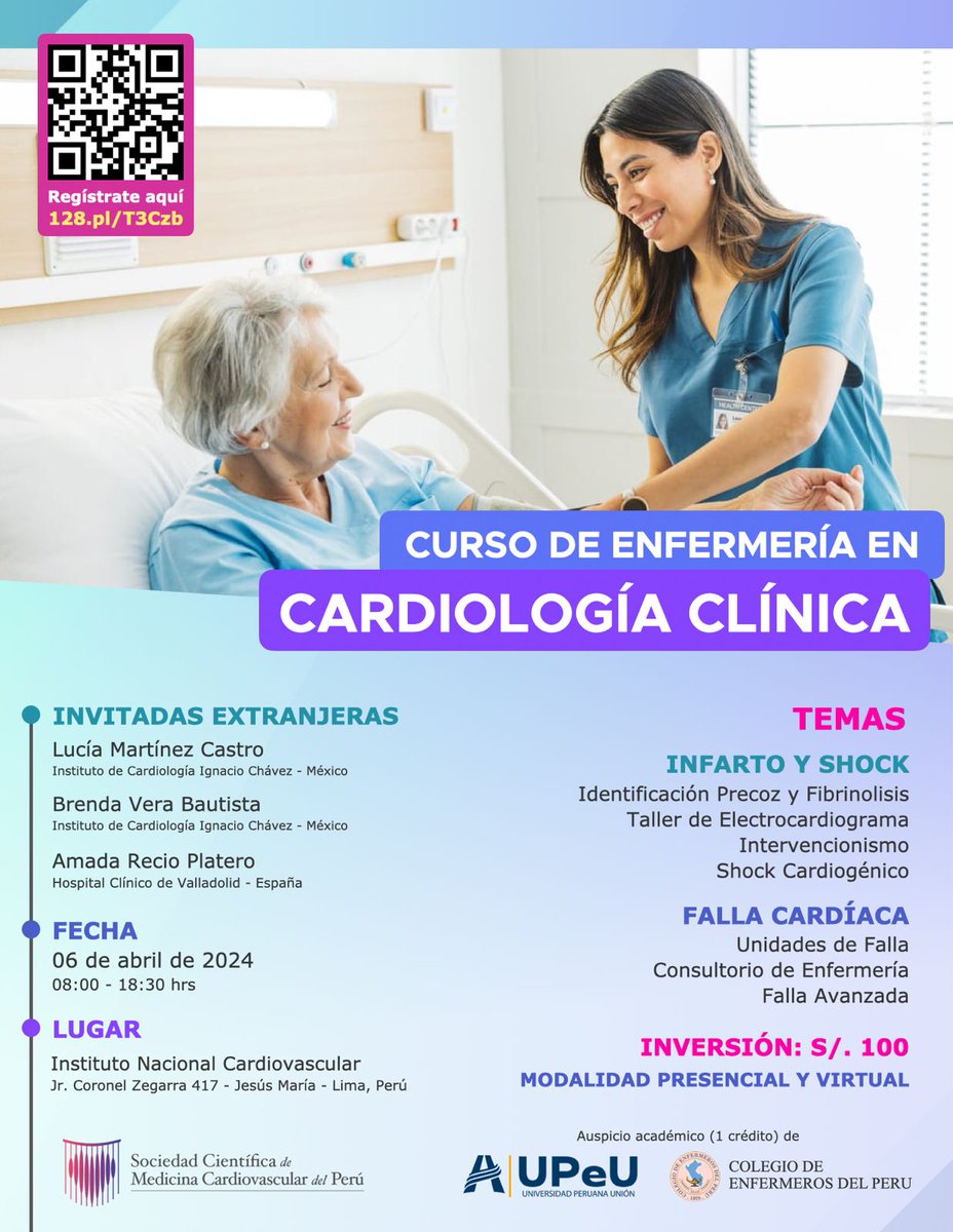 Sociedad Científica Medicina Cardiovascular - Perú (@socimecar) on Twitter photo 📣¡¡INCRIPCIONES AL CURSO DE ENFERMERIA EN CARDIOLOGIA CLINICA!!📣
💻Regístrate aquí: forms.gle/4iW56dJFkPLrou…
Fecha y lugar:
📆06 de Abril del 2024.
INCOR.
📍Jirón Coronel Zegarra 417, Jesús María.
Para mayor información:
📱Whatsapp: (+51) 949 026 199
📩: socimecarperu@gmail.com 📣¡¡INCRIPCIONES AL CURSO DE ENFERMERIA EN CARDIOLOGIA CLINICA!!📣
💻Regístrate aquí: forms.gle/4iW56dJFkPLrou…
Fecha y lugar:
📆06 de Abril del 2024.
INCOR.
📍Jirón Coronel Zegarra 417, Jesús María.
Para mayor información:
📱Whatsapp: (+51) 949 026 199
📩: socimecarperu@gmail.com