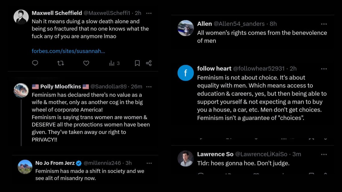 Yesterday I posted that feminism is the reason that life choices like education, careers, &amp; many others are available to everyone when once those choices were denied to women.

It did not take long for misogynists to get upset.....proving my point: Feminism isn't the problem in