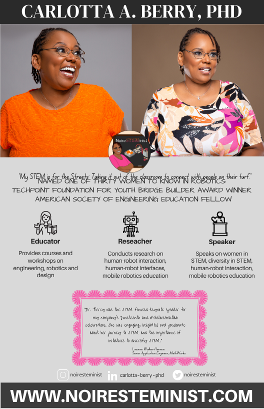 DrCarlottaBerry's tweet image. Experience the joys of STEM in an engaging lecture on on #BlackInEngineering #WomenInEngineering #RoboticsEngineering #BlackAcademics #AI #NoireSTEMinist #MySTEMIsForTheStreets #Speakers #Lectures #Webinar #Workshop I&apos;m available for speaking engagements, reach out!