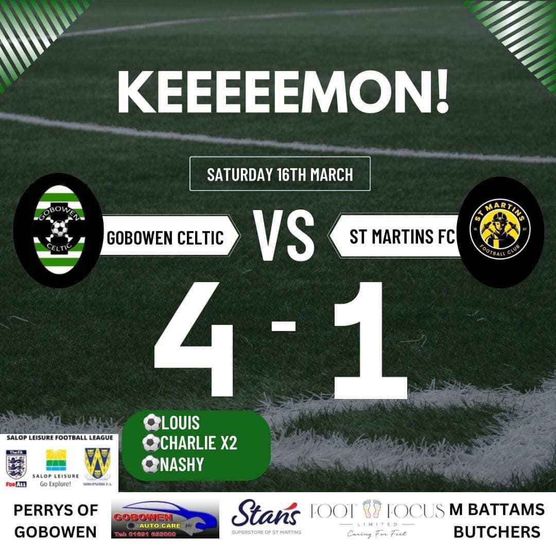 GobowenCelticFC's tweet photo. Derby day delight for Celtic, overcoming @St_MartinsFC with a comfortable 4-1 win thanks to goals from @louis___m Charlie Morris x2 & @SammyNaashh
Many missed chances & a questionable penalty for the visitors made the score line closer than the performance deserved.
#Keeemon
π³π¬β½οΈ https://t.co/UH4KYfDCep