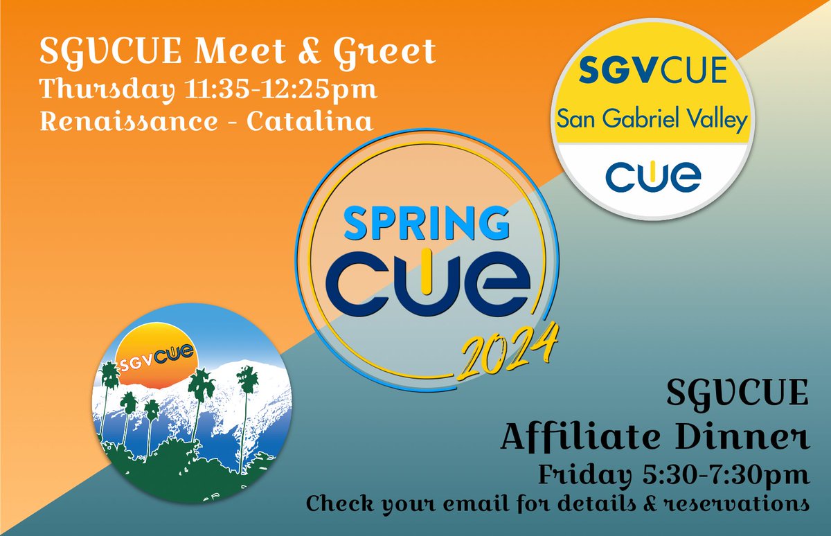 Are you going to #springCUE 2024? Don't miss out on connecting with your SGVCUE peeps! Catch us Thursday morning and Friday night. Reach out to us here throughout the conference, as well! We can't wait to see you all!! #WeAreCUE #EdTech #teachers #educators