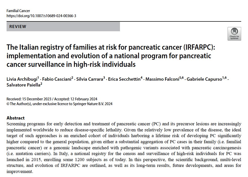 📣Out now! The path leading to the creation of a registry of individuals at risk of pancreatic cancer in a universal health care system: origins and future perspectives. Thanks to all who contributed! @PancreasVerona @AISP_Pancreas @lelecapurso @ArchibugiLivia @Valsecchifdn