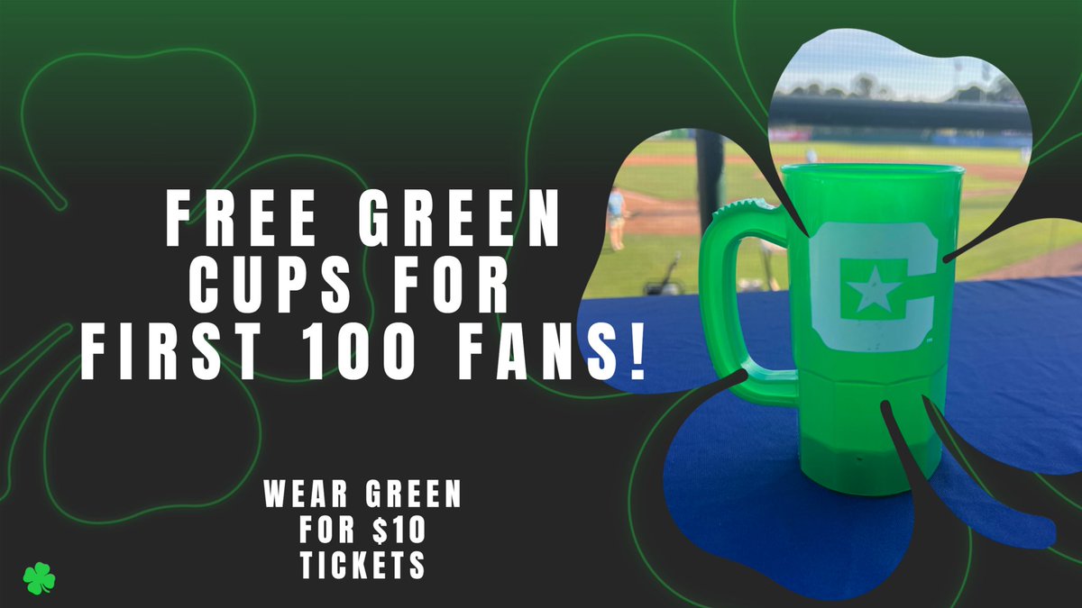 Free green cups for first 100 fans tomorrow 🍀 $10 tickets only redeemable at the ballpark Box Office. Box Office opens 60 minutes prior to first pitch. Tickets: bit.ly/3va1cJR #OurMightyDogs