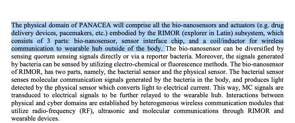 CorinneNokel's tweet image. Ian F. Akyildiz
'The access to PANACEA is made possible by the Human-Machine-Interface (HMI)...'
PANACEA has 3 In-Body subsystems:
- BioNanoSensor
- Sensor Interface Chip
- and a coil / inductor
itu.int/dms_pub/itu-t/…