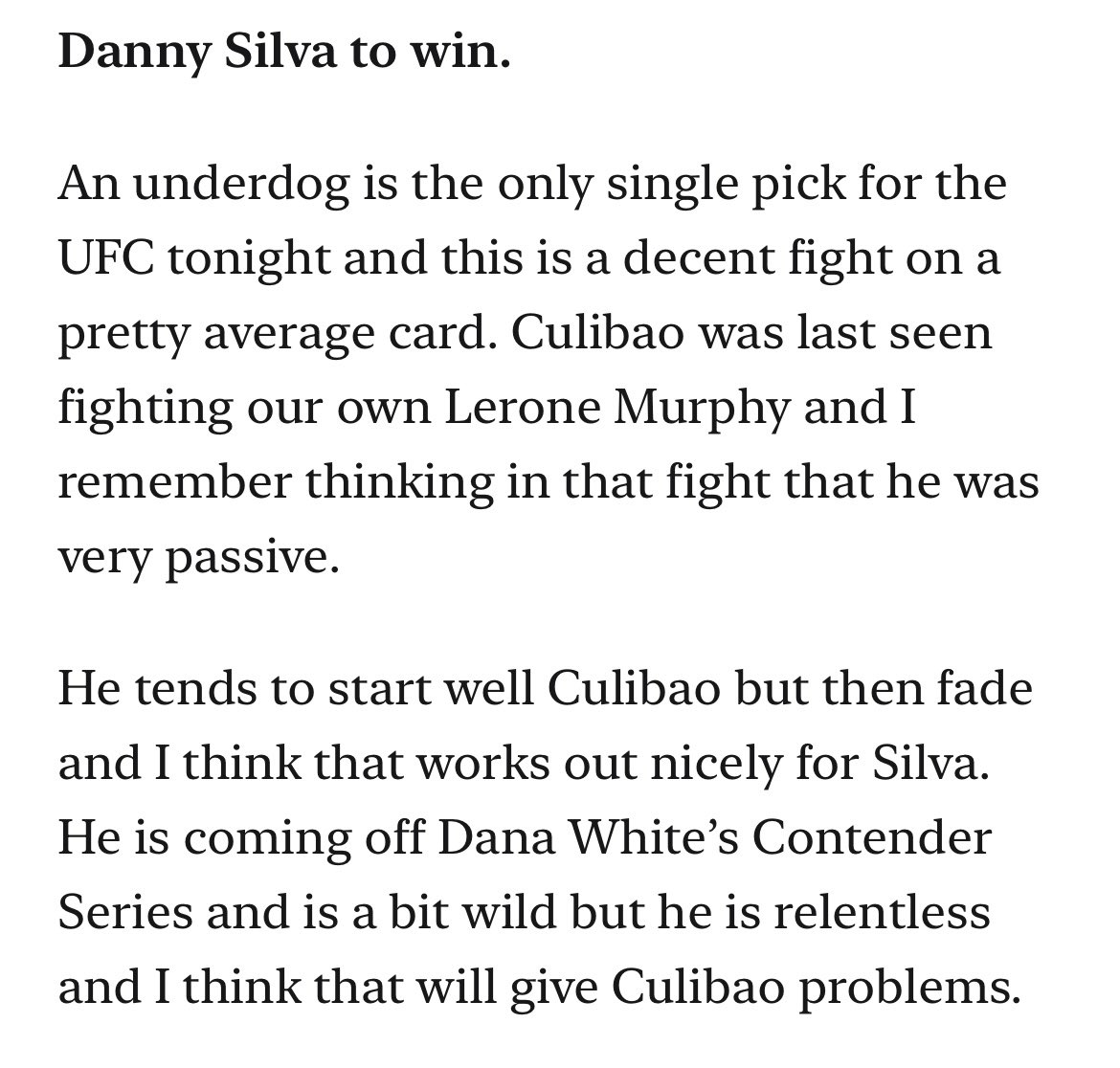 Great fight between Culibao and Silva. I was shocked Silva was an underdog pre fight. Always nice to cash a decent price winner on the newsletter! 😎✅ Link in my bio to get involved. #UFCVegas88