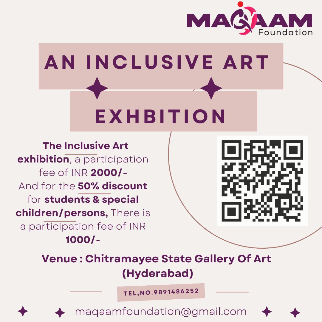 AN INCLUSIVE ART EXHIBITION 
Maqaam Foundation is organizing an upcoming art exhibition in Hyderabad, showcasing the works of both young and seasoned artists. It is a great opportunity for you to exhibit your talent and connect with art enthusiasts. 

forms.gle/33mhDcXNXkvSxU…