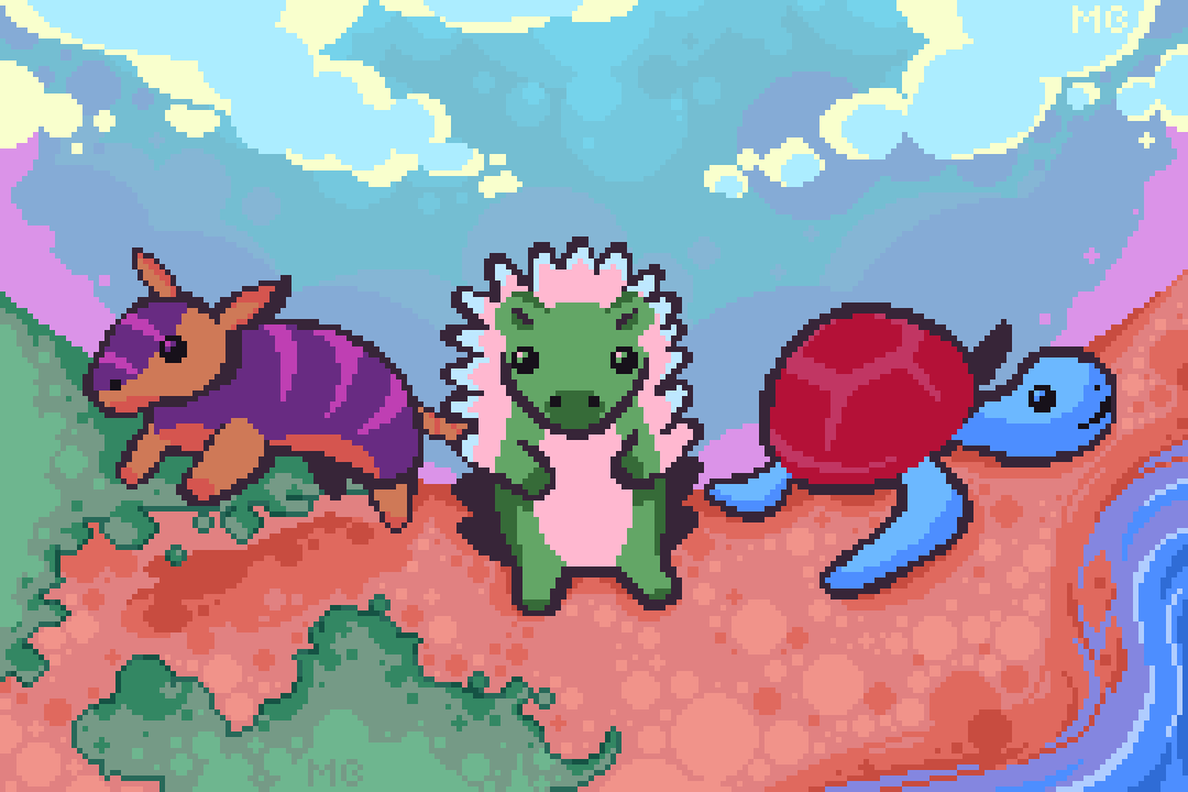 Just a little concept piece I made for my personal game project.

Nothing is set in stone, but I've been slowly chipping away at what I want it to be like.

#pixelart #drawing #animals #cute #aseprite #pixelartist #art #kawaii #armadillo #hedgehog #turtle #cuteanimal #gamedev