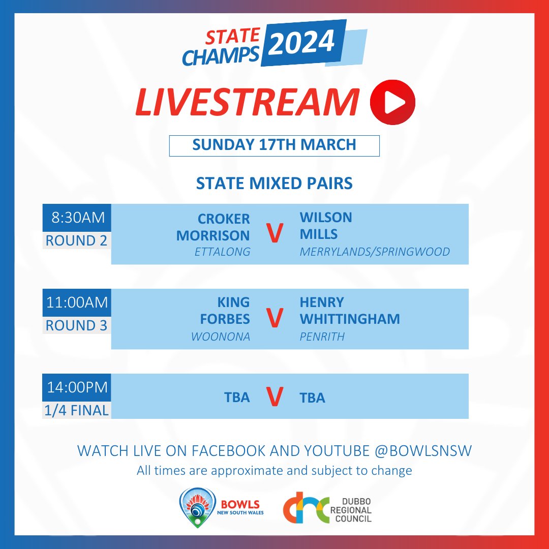 Schedule Day 6️⃣ | State Champs

It's all about the State Mixed Pairs today with Rounds 2 and 3 taking place in the morning followed by the Quarter-Finals in the afternoon🤩

📺Watch the action live on Bowls NSW Facebook and Youtube from 8:30am

Youtube ➡ youtube.com/@BowlsNSW
