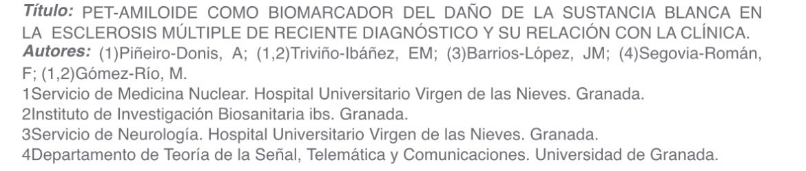 El premio a la mejor comunicación de las #xxxjornadassamn ha sido para una trabajo sobre la PET-Amiloide en la Esclerosis Múltiple presentada por el Dr. Piñeiro del Servicio de Medicina Nuclear del <a href="/hospital_hvn/">HUVN</a>