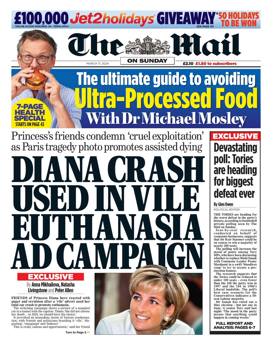 Mail on Sunday: Diana crash used in vile euthanasia ad campaign #TomorrowsPapersToday