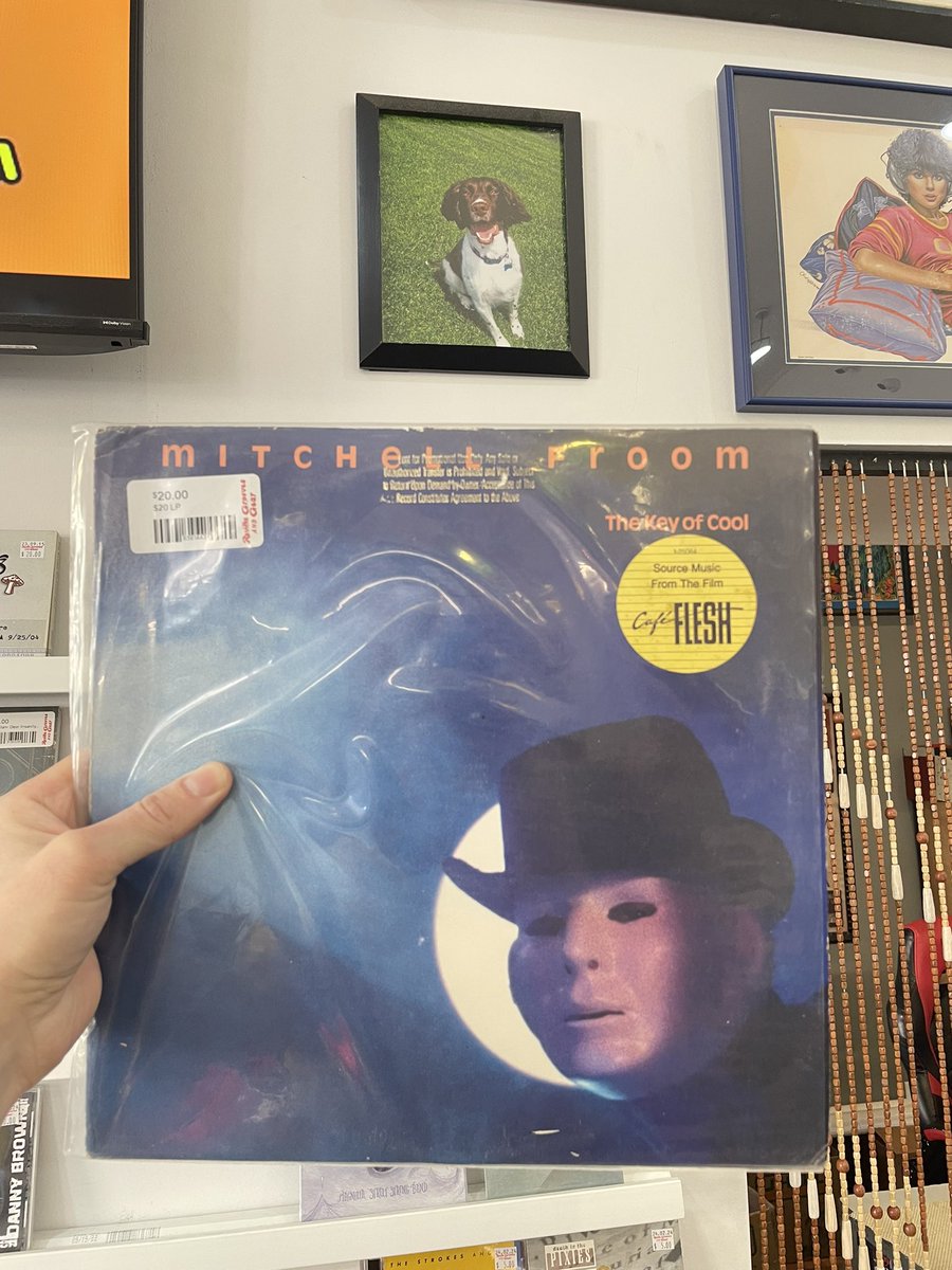 FunCityEdition's tweet photo. Mitchell Froom’s THE KEY OF COOL aka the CAFE FLESH soundtrack album, as seen underneath late FCE mascot Rocky, at the great @RevillaGrooves in Milltown, NJ! #CafeFlesh #TheKeyofCool #MitchellFroom #SlashRecords #vinyl #LP #soundtrack https://t.co/Z4E8yuz2Dl