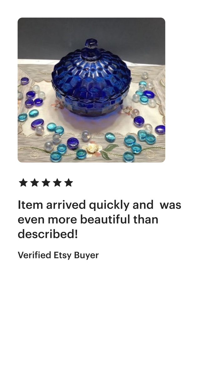 bmktreasures.etsy.com.   #happycustomer #fivestarreview #lovemycustomers #grateful🙏🏻 #etsyvintageshop #etsyvintageseller  #appreciative #etsygifts 
#fostoria #glassware #candydish #blueglass