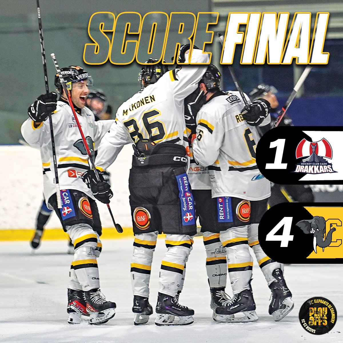 chamberyhockey's tweet image. 🔥SCORE FINAL : VICTOIRE 4-1 pour les Eléphants de Chambéry contre les Drakkars de Caen !!

Buts marqués par : 
- Justus MIKKONEN
- Hugo NOGARETTO x2
- Henry MCKINNEY

🤩Félicitations aux Eléphants de Chambéry pour cette magnifique victoire arrachée dans cette série de match 🔥