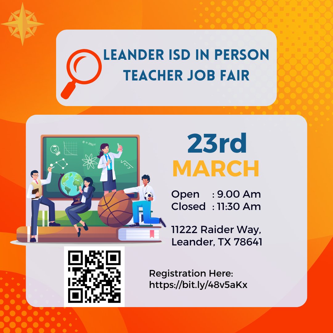 <a href="/LeanderISD/">Leander ISD</a>  Teacher Job Fair is just around the corner and <a href="/LISDCareers/">Leander ISD HR</a>  couldn't be more excited to welcome passionate educators to #1LISD. Mark your calendars for our upcoming job fair <a href="/RouseHighSchool/">Rouse High School</a>  on March 23, 2024 from 9:00 am to 11:30 am!  bit.ly/49tSWTO 🎓✨