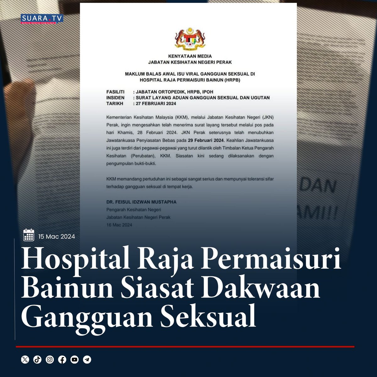 Surat layang aduan gangguan seksual di  Hospital Raja Permaisuri Bainun, Ipoh. #Hospital #gangguanseksual