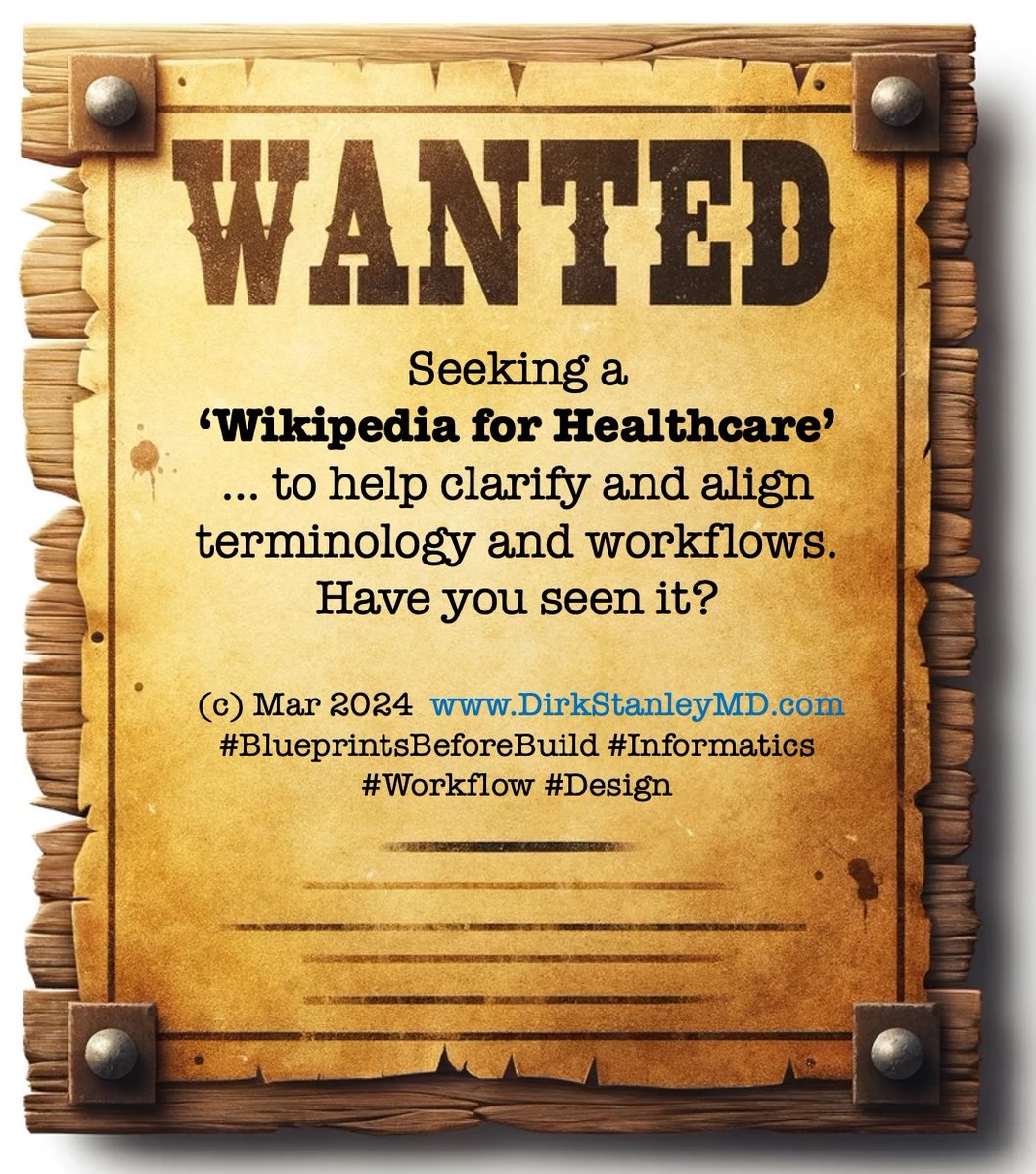 dirkstanley's tweet photo. Clinical #Informatics friends : Seeking a 'Wikipedia for Healthcare' to help clarify and align terminology and workflows. Have you seen it? #CMIO #CNIO #HealthIT #BlueprintsBeforeBuild #workflow #design #FOAMed #SoMeDocs https://t.co/5KTU0DQk0D