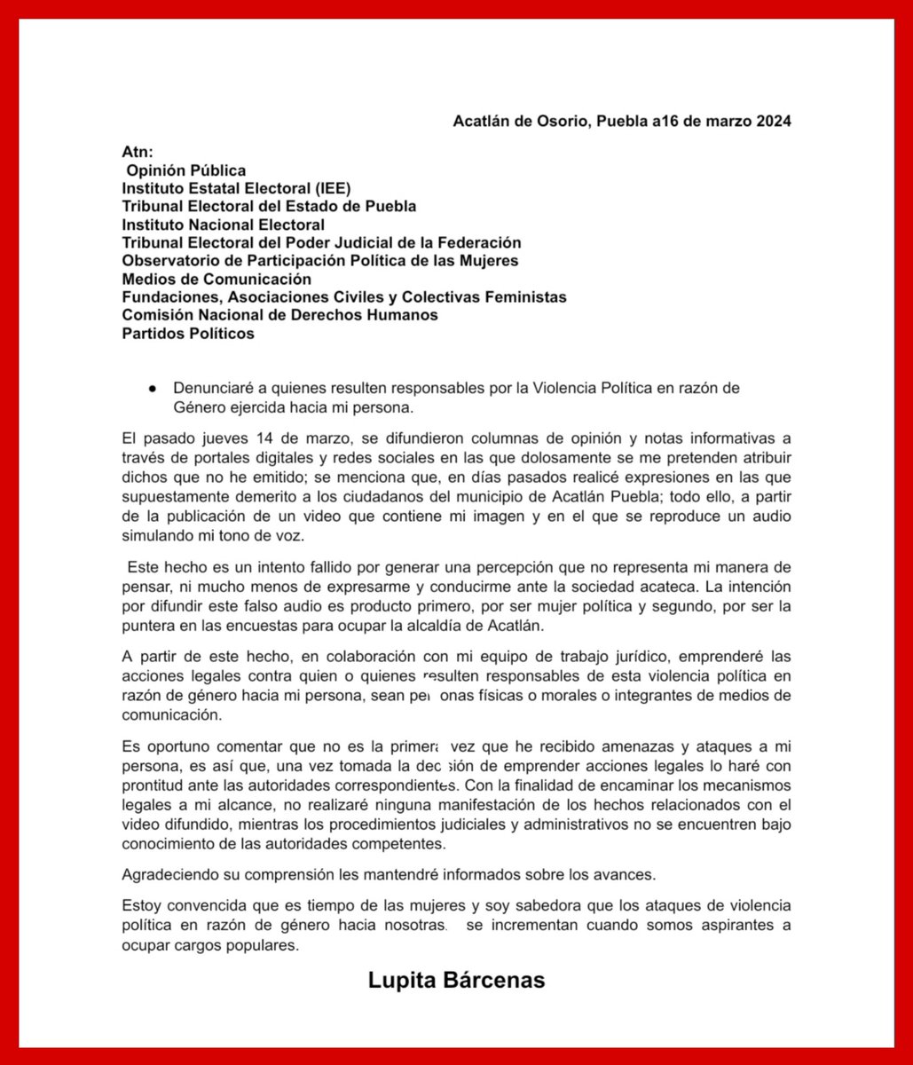 SanitizandoPue's tweet photo. Denunciaré a quienes resulten responsables por la Violencia Política en razón de Género ejercida hacia mi persona" afirmó Lupita Bárcenas mediante comunicado.
El 14 de marzo se difundió un audio donde se escucha "la voz" d ella, denostando a sus paisanos. https://t.co/FsOOEPfgMH
