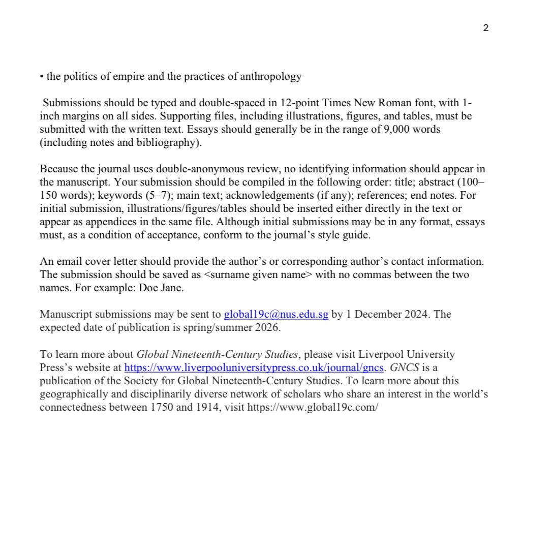 CFP Special issue of Global Nineteenth-Century Studies on “Comparative Empire: Conflict, Competition, and Cooperation, 1750-1914.” Building off of our congress in Singapore but open to anyone, whether you were able to attend or not! Deets 👇