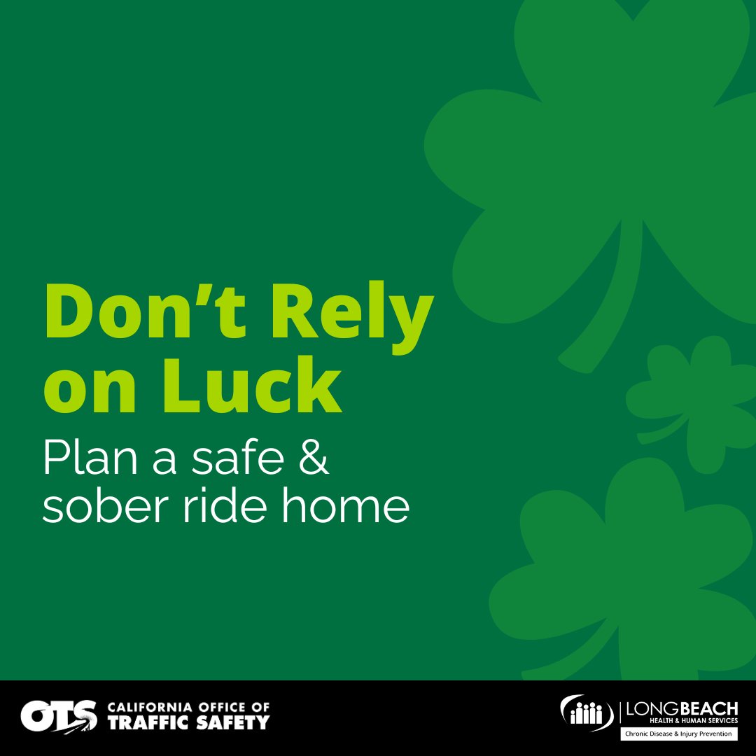 LBHealthDept's tweet image. Celebrate safely this #StPatricksDay! Designate a sober driver before the fun begins. It&apos;s a simple way to make sure everyone gets home safely. @OTS_CA @GoSafelyCA 

#GosafelyCA #DUIdoesntjustmeanbooze #stpatricksday