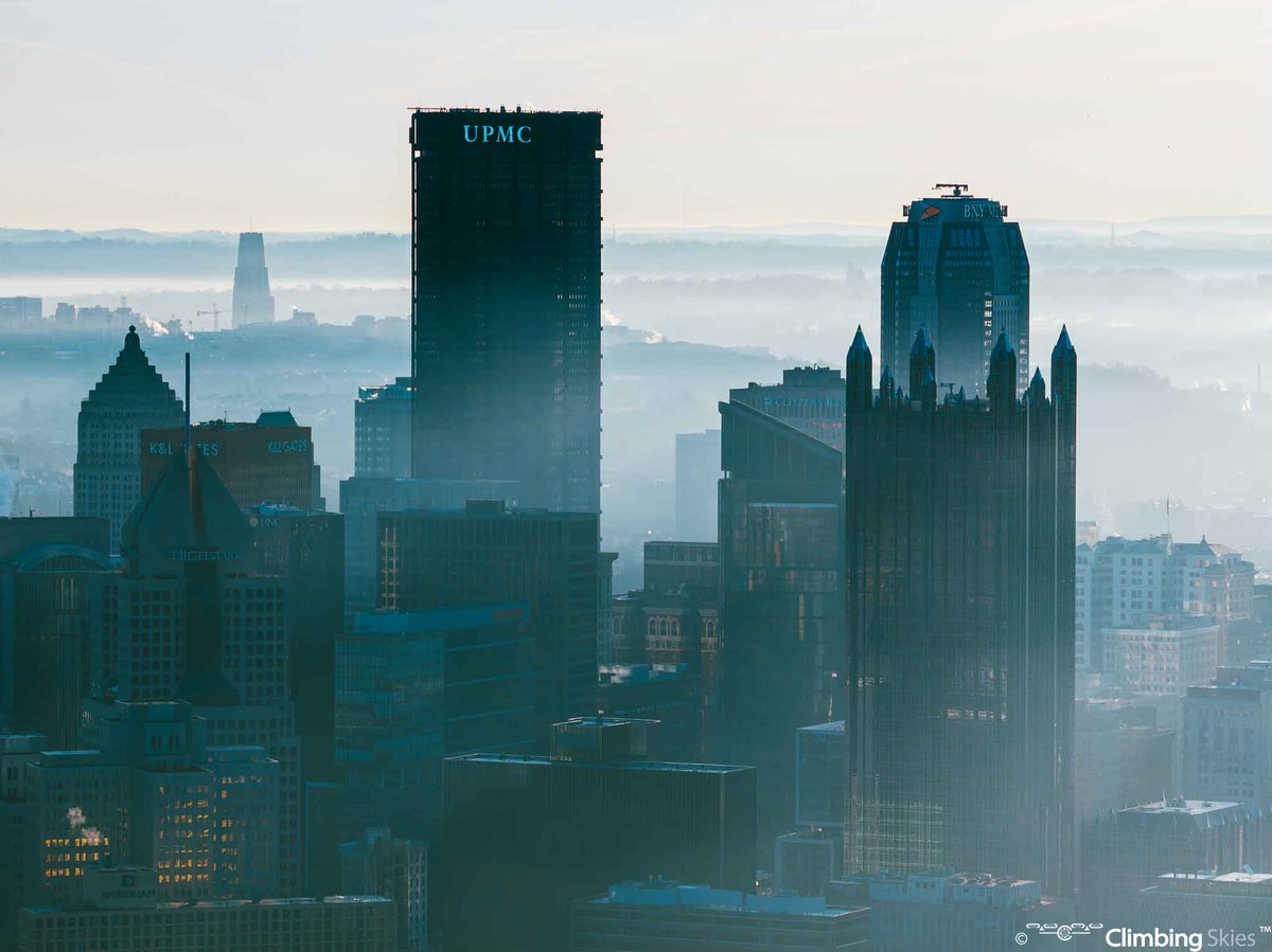 This image was taken from Mount Washington and shows some of the larger, prominent buildings that make up Pittsburgh's skyline, as the morning mist begins to fade away. 

#dronephotography #pittsburgh #skyline #mistymorning #climbingskies