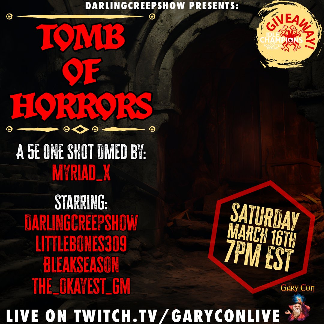 join @DCreepshow @myriadx167426 @littlebones309 @TheBleakseason and @the_okayest_gm for Tomb of Horrors tonight at 7pm EST. We have both a valid Idle Champions code as well as a Chentoufi module in PDF form giveaway.